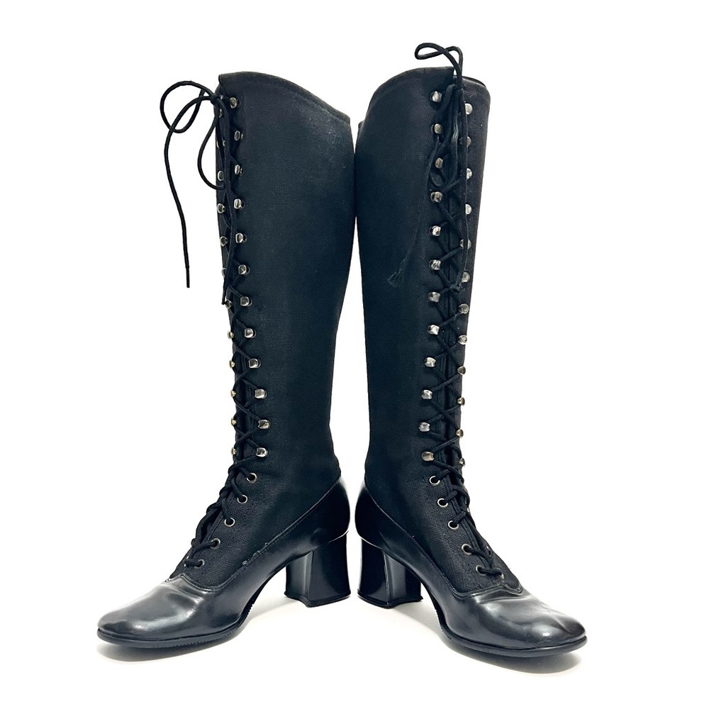 Vintage 1970s black canvas floral embroidered lace up knee high Penny Lane boots - Picture 5 of 9